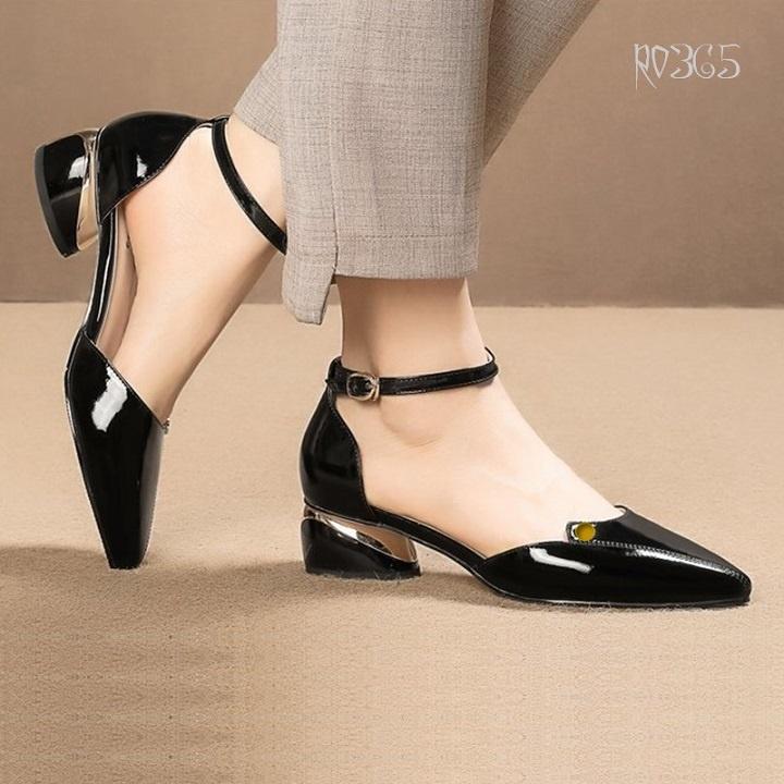 Giày sandal nữ cao gót 2 phân hàng hiệu rosata màu đen công sở ro365