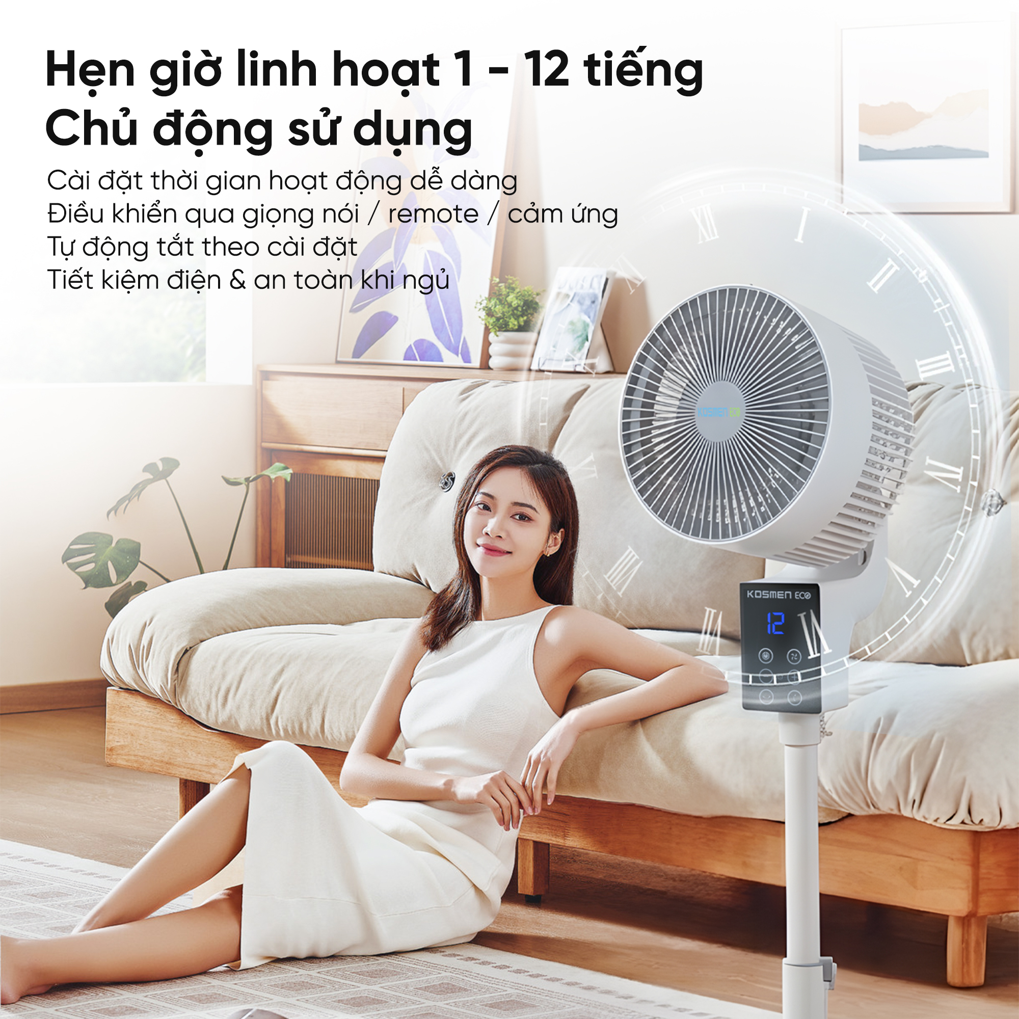 Quạt đối lưu không khí điều khiển bằng giọng nói Kosmen Eco ECO-F40AI-W, quạt thông minh, quạt điện (quạt đứng)