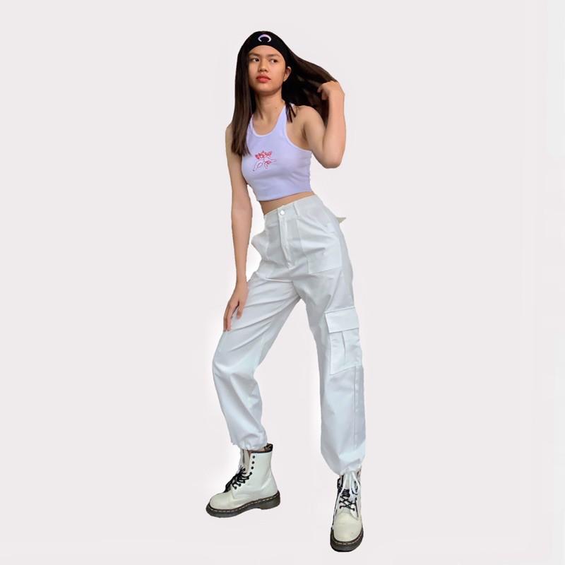 Quần jogger nữ trắng - quần lưng cao nữ