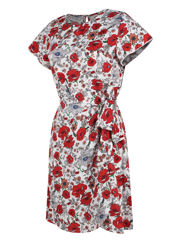 Women Summer Floral Print Dress Tied Waist Irregular Hemline Short Sleeves Bohemian Holiday Beach Casual Dress