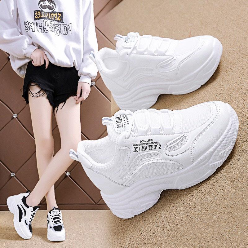 Giày Thể Thao Nữ Độn Đế, Sneaker Tăng Chiều Cao Chất Liệu Da Sang Xịn Mang Êm Chân