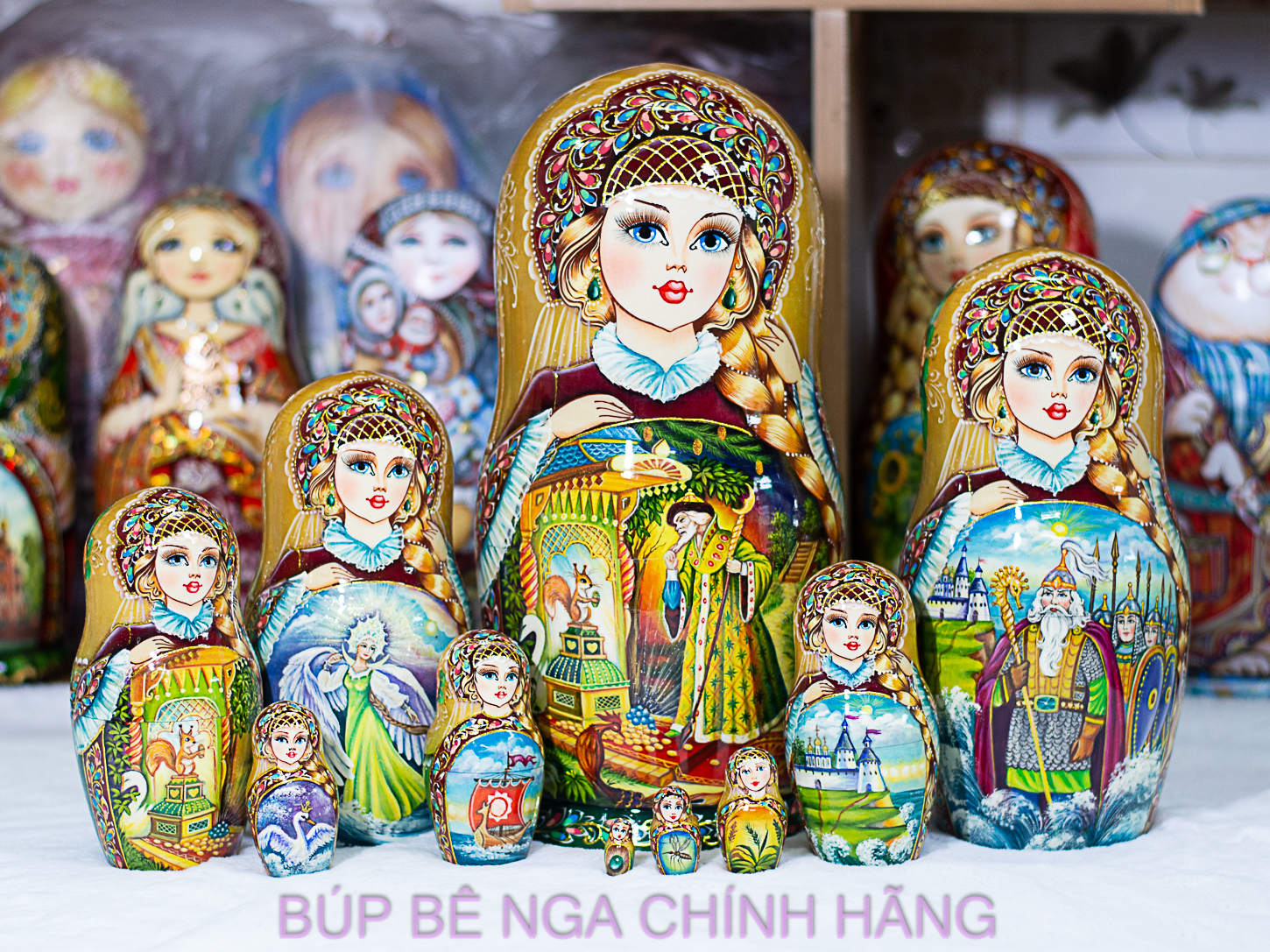 BỘ BÚP BÊ NGA MATRYOSHKA CAO CẤP 10 LỚP 26CM HOA VĂN "CHUYỆN CỔ TÍCH VUA SALTAN" CỰC ĐẸP VÀ SANG TRỌNG