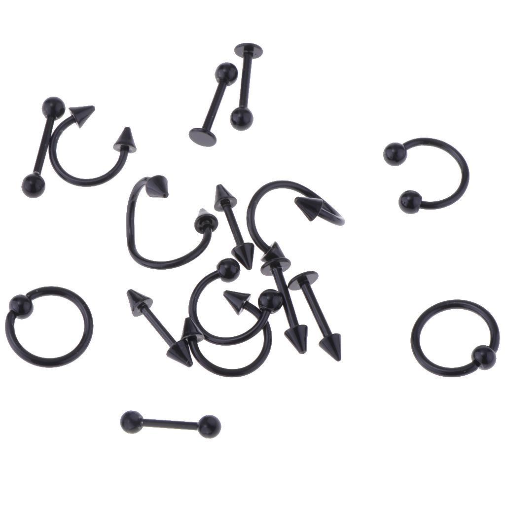 16 Pieces 16g Stainless Steel Assorted Eyebrow Ear Lip Navel