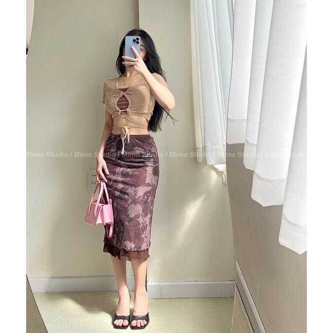 Set áo croptop nâu buộc dây - Váy lưới hoa dáng dài nâu 2 lớp