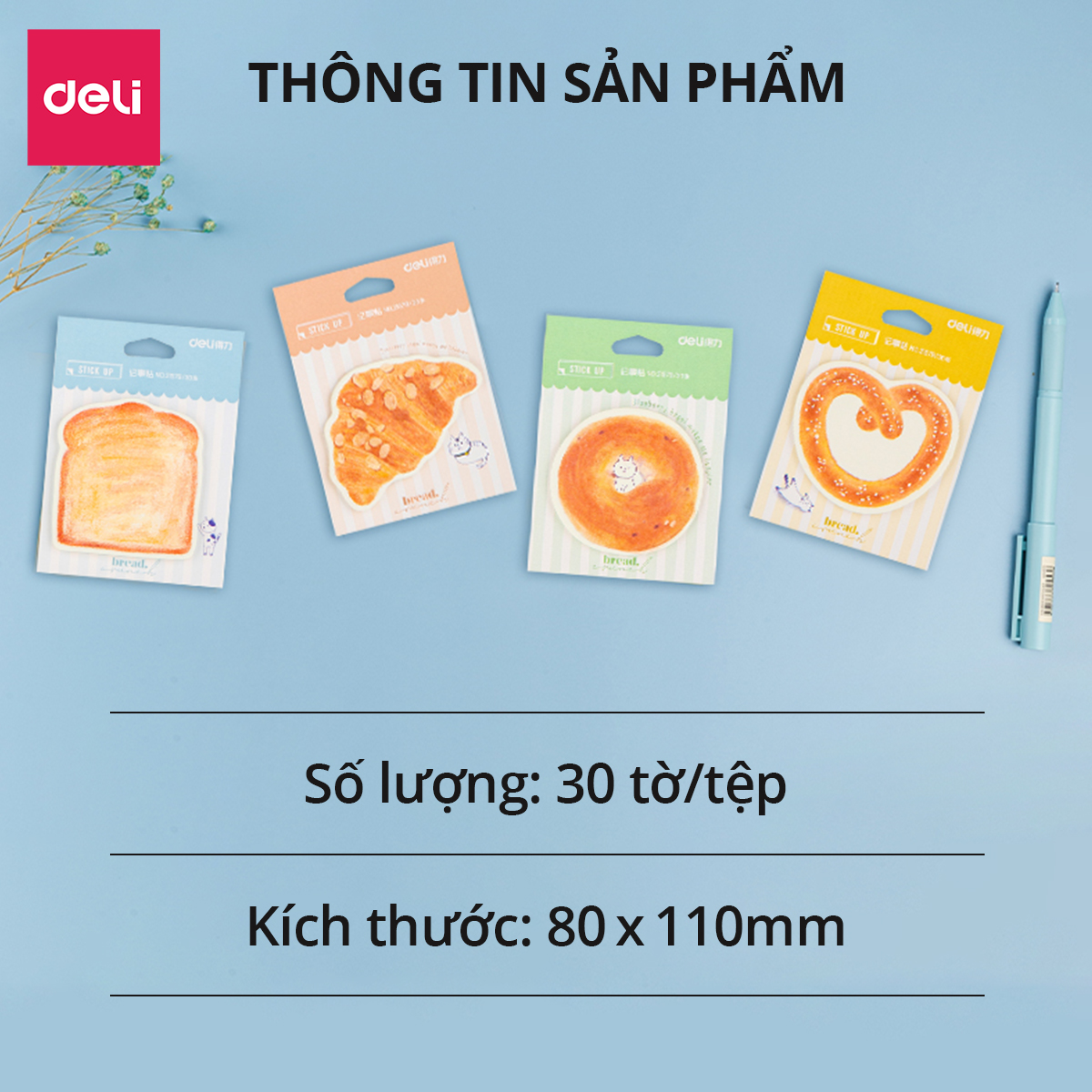 Set 30 Giấy Note Ghi Chú, Giấy Nhớ Bánh Ngọt Dễ Thương Deli - Sticky Notes Trang Trí Chất Lượng Cao Keo Dính Chắc