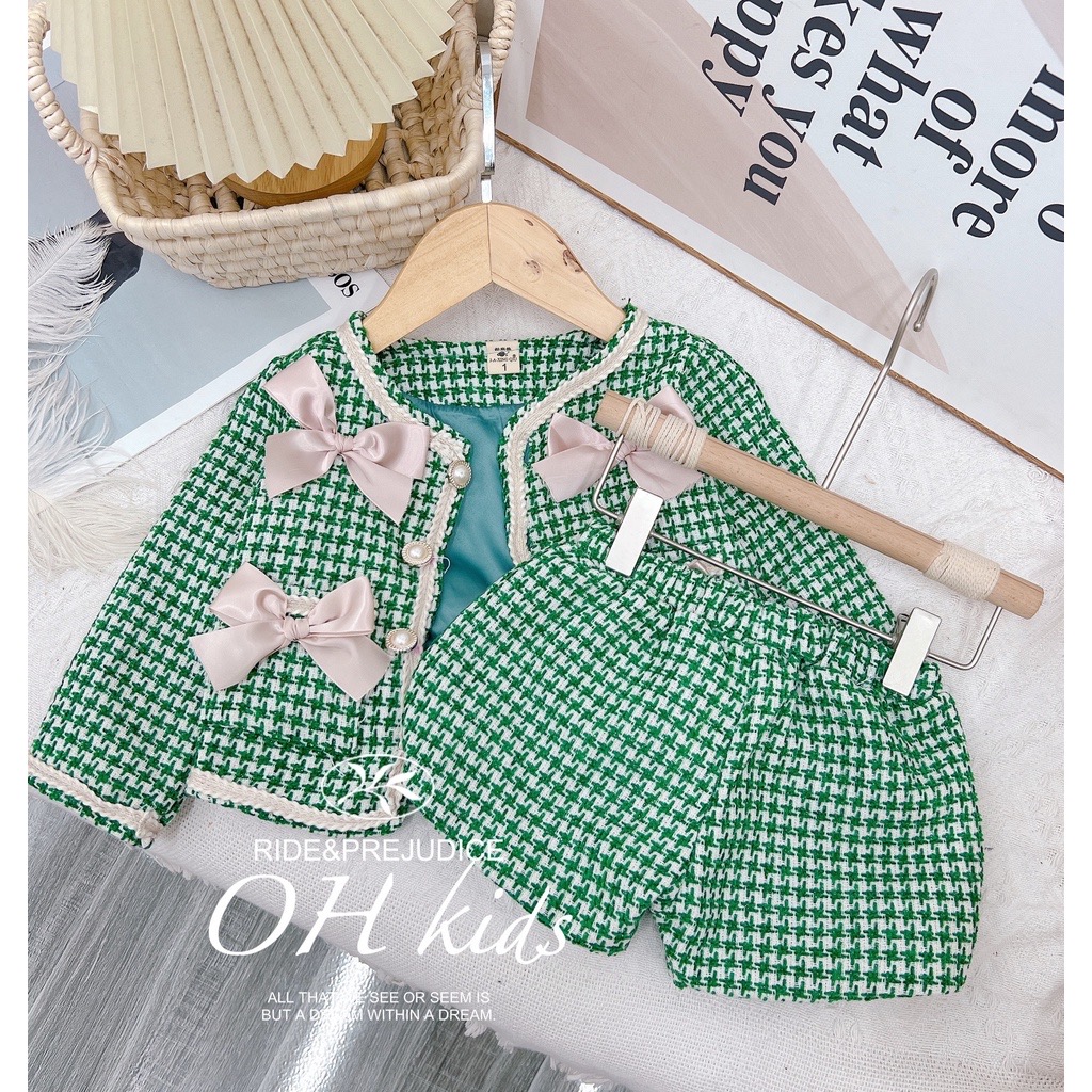 Bộ Áo Khoác Bé Gái Size Từ 10kg Đến 15kg Dạ Kim Sa Lá Cây Tặng Kèm Quần Có Lớp Lót, Siêu Sang☘️