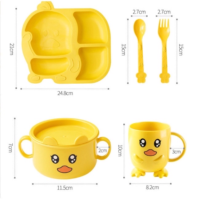 Bộ bát ăn dặm 5 món ( khay , bát  , cốc ,  thìa  , nĩa ) vịt vàng cute xinh xắn  đáng yêu cho bé - giúp bé thích thú khi ăn