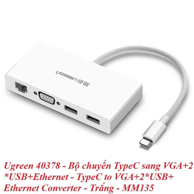 Ugreen UG40378MM135TK 15CM màu Trắng Bộ chuyển đổi TYPE C sang 2 USB 3.0 + VGA + LAN bọc nhựa ABS - HÀNG CHÍNH HÃNG