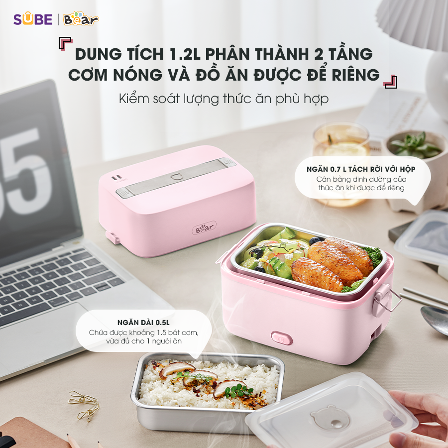 Hộp Cơm Cắm Điện Bear 2 Tầng 3 Ngăn Hâm Nóng Cực Nhanh Inox 304 An Toàn Giữ Nhiệt Chống Trào 1,2L SB-HC12L - Hàng Chính Hãng