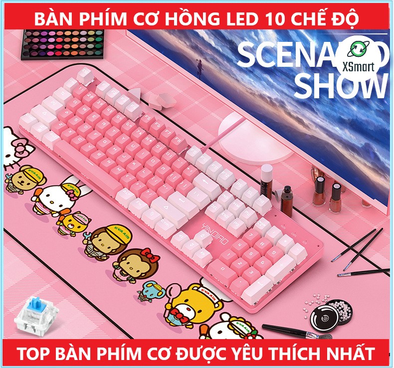 Bộ bàn phím CƠ kèm chuột XSmart màu Hồng cực Xinh chơi game làm văn phòng cực đã combo T900 trắng hồng +X500 có LED - Hàng Chính Hãng