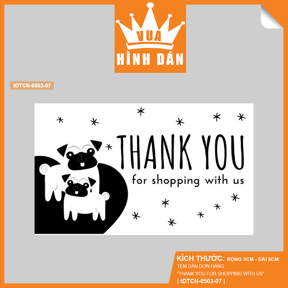 Set 50/100 sticker THANK YOU FOR SHOPPING WITH US (5x3cm) tem dán gói hàng, hộp sản phẩm (1.033)