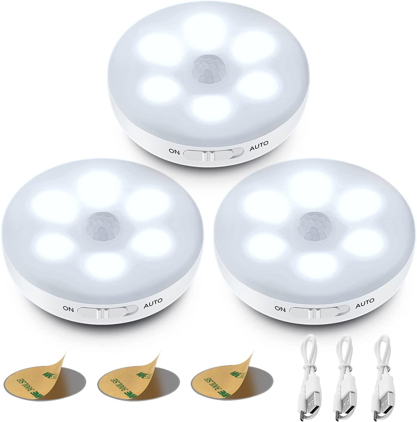 Đèn LED ban đêm tự động, đèn với đầu dò chuyển động bên trong, đèn LED không dây, 3 chế độ , đèn LED tủ quần áo, đèn USB có thể sạc lại cho cửa sổ cửa hàng, hành lang, 3 gói màu trắng
