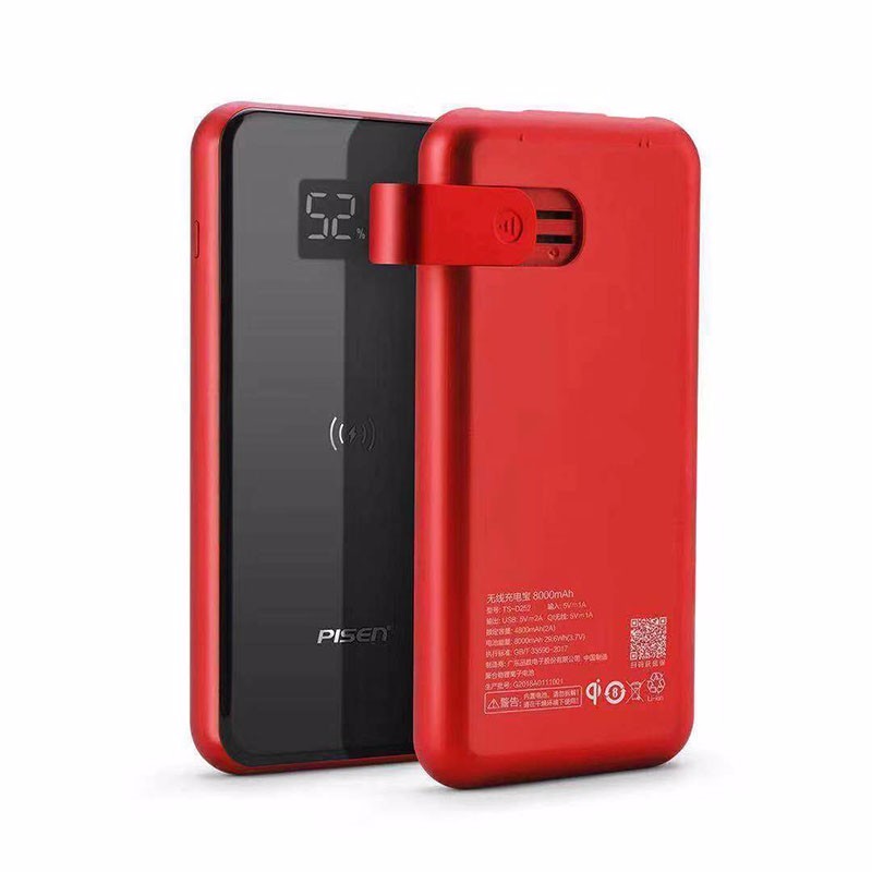 Sạc Dự Phòng Không Dây Pisen Wireless Charging  8000mAh ( Mặt kính, 2x USB Smart, Fast, Micro, LCD)- (TS-D252), hàng chính hãng