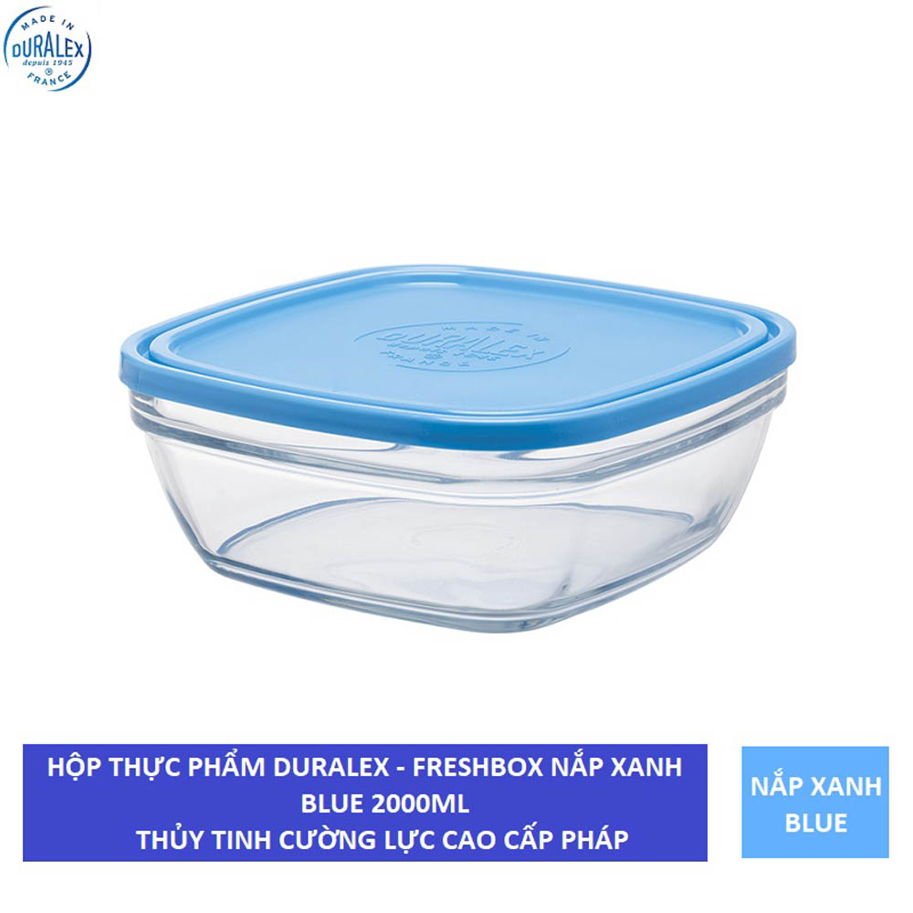 Hộp thực phẩm D9023A Duralex - Freshbox Nắp Xanh Blue 2000ml Thủy tinh cường lực cao cấp Pháp