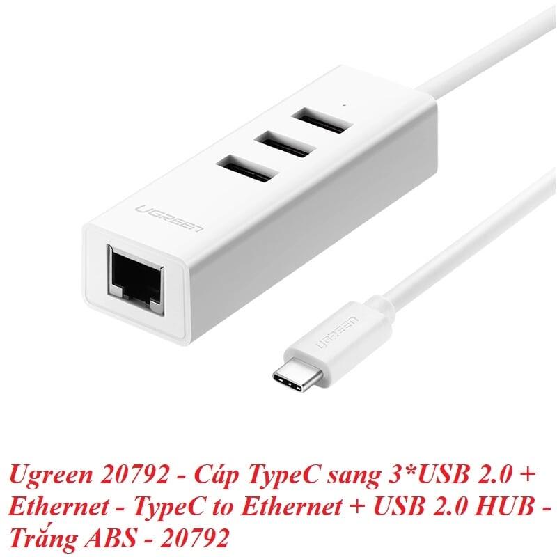 Ugreen UG2079220792TK Màu Trắng Cáp chuyển đổi TYPE C sang 3 USB 2.0 + LAN - HÀNG CHÍNH HÃNG