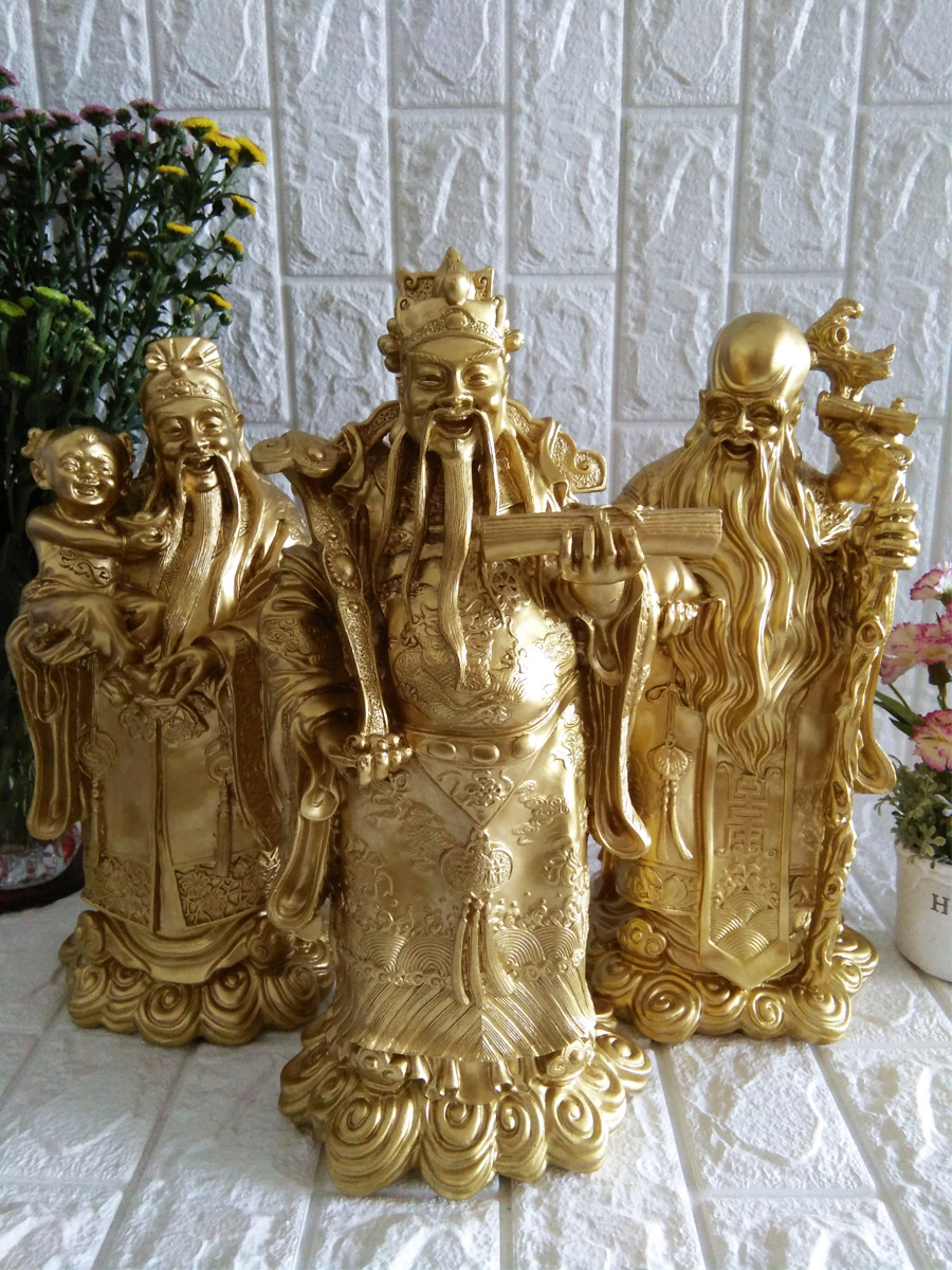 Bộ tượng đá Phúc Lộc Thọ màu đồng sáng cỡ đại - TDDS37