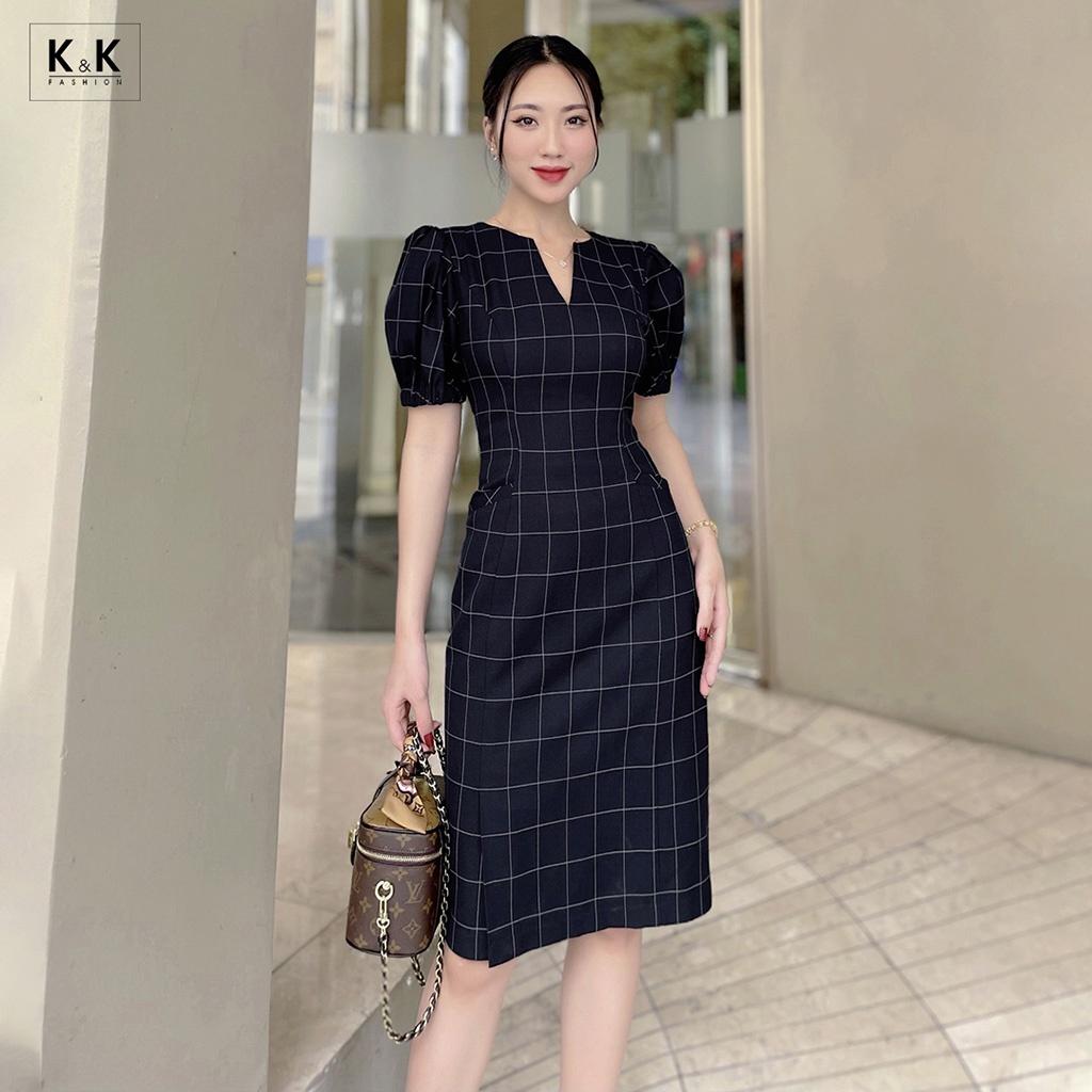 Đầm Chữ A Họa Tiết Caro Cổ V K&amp;K Fashion KK115-01 Chất Liệu Mango