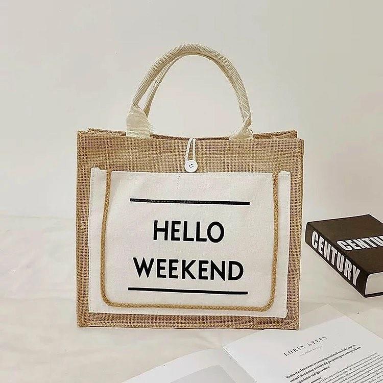 Túi Cói Đi Biển Vintage - Túi Cói Xách Tay Size To Đi Du Lịch Hello Weekend Sang Chảnh