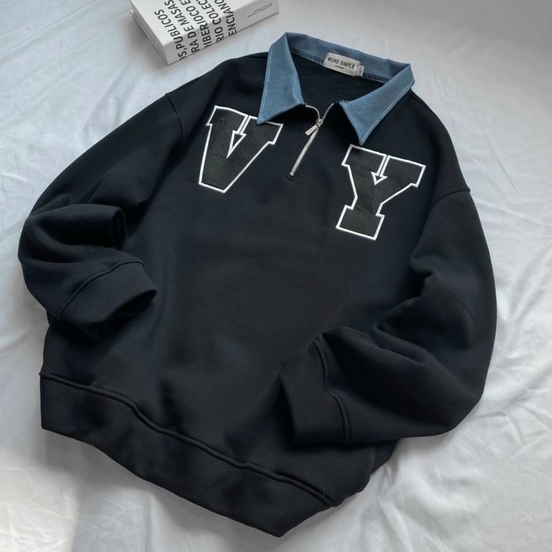 Áo Sweater V.Y Phối Zip Vải Nỉ Bông Form Rộng Ulzzang Unisex Nam nữ unisex Áo Sweater có cổ Jaystoree