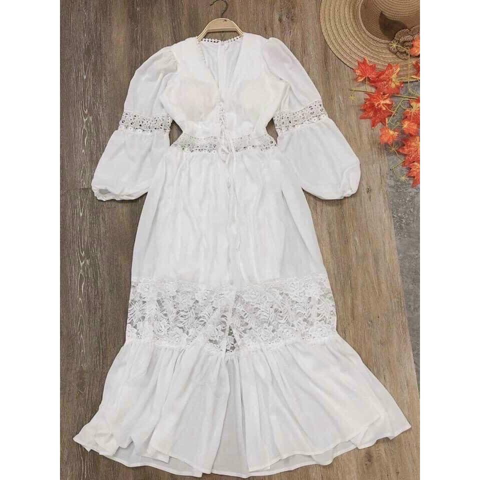 Đầm Maxi Dài Tay Ren Bo Eo - Váy Trắng Phối Ren Dự tiệc,đi biển