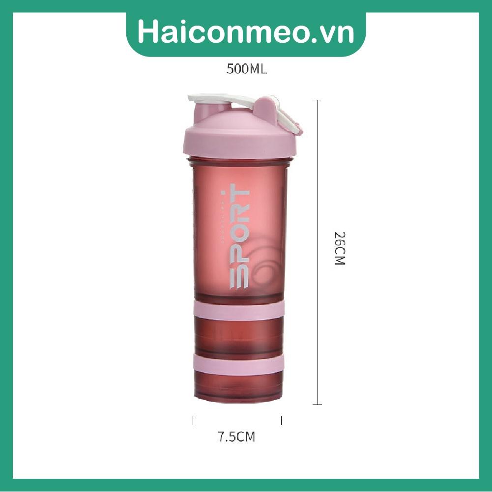 Bình lắc whey SPORT tập gym bình nước thể thao shaker pha sữa protein kèm 2 hộp đựng bột và quai xách 750ml