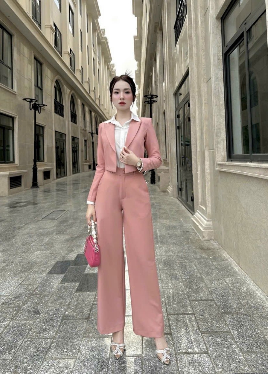Set Bộ Vest Áo Croptop Quần Ống Suông Sang Trọng