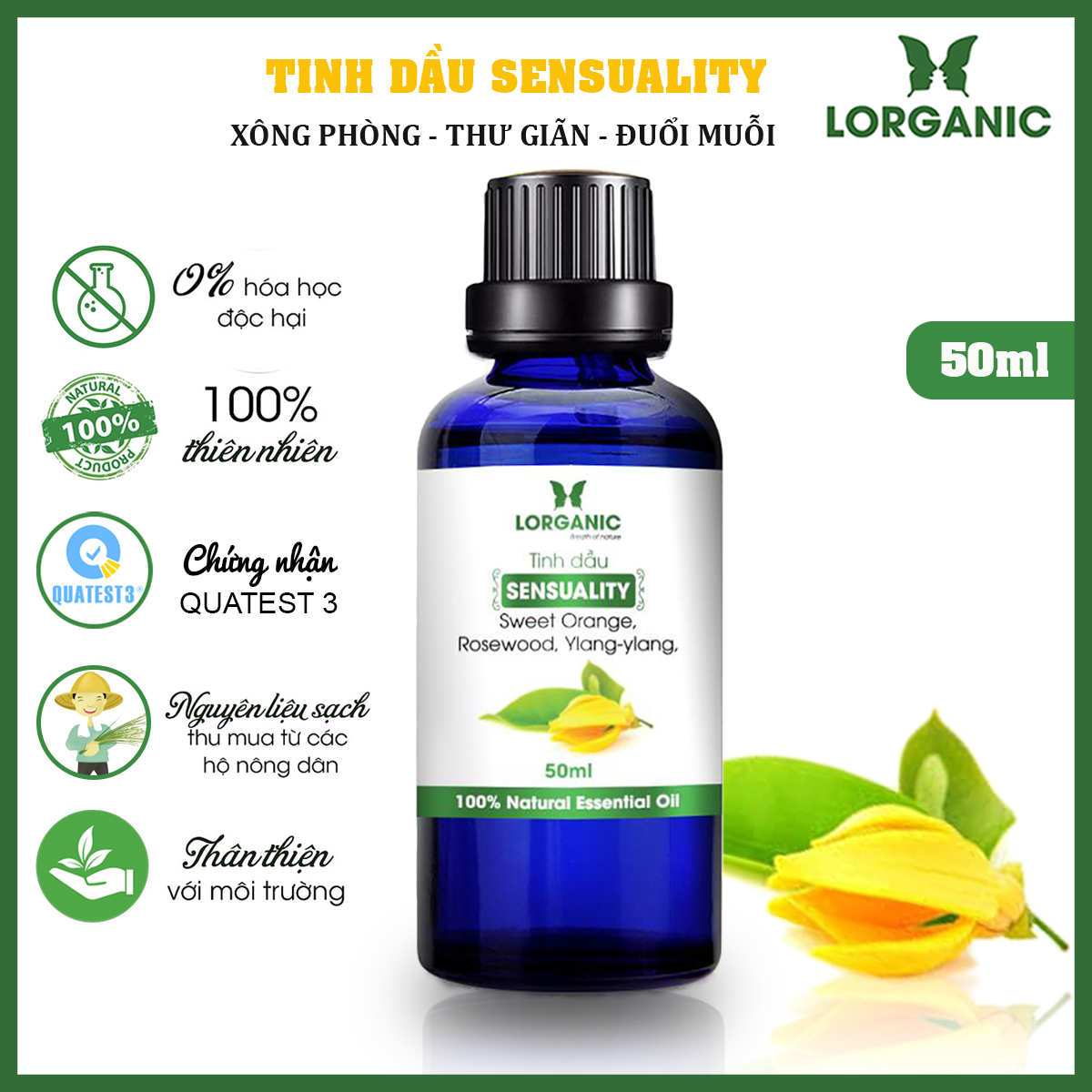 Combo tinh dầu quyến rũ sensual Lorganic (50ml) +tinh dầu quyến rũ sensual Lorganic treo xe hơi, tủ áo (10ml) / Tinh dầu thiên nhiên nguyên chất/ Hương thơm ngọt ngào, quyến rũ.