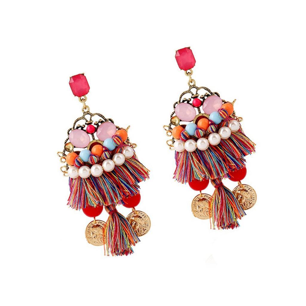 Trendy Shiny Tassel Fringe Earrings with Multisize Colorful Plastic Pearls
