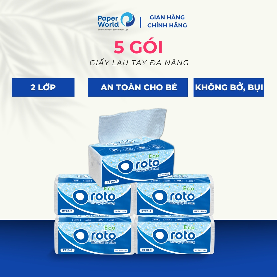 Combo 5 khăn giấy rút lau tay đa năng 2 lớp 102 tờ ROTO ECO RT20-2 | 100% bột giấy nguyên sinh