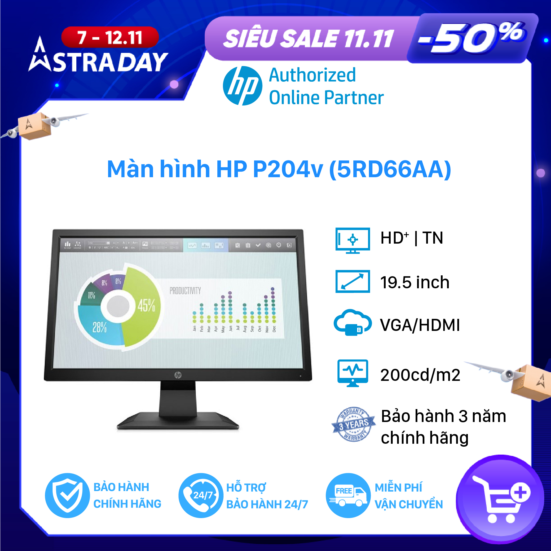 Màn hình máy tính HP P204v 5RD66AA 19.5-inch LED Backlight/ VGA/ HDMI - Hàng Chính Hãng - Bảo hành 36 tháng