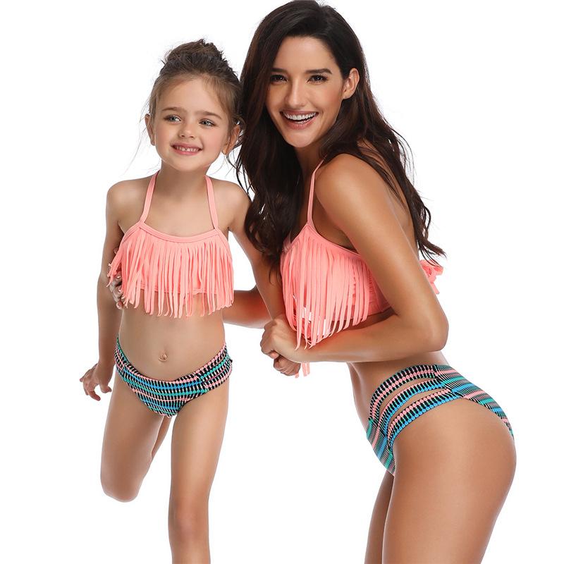 Mẹ Con Gái Đồ Bơi Họ Phù Hợp Với Đồ Bơi Thời Trang Tua Rua 2 Miếng Mẹ Áo Tắm Trẻ Em 2021 Bãi Biển Họ Phù Hợp Với Bikini
