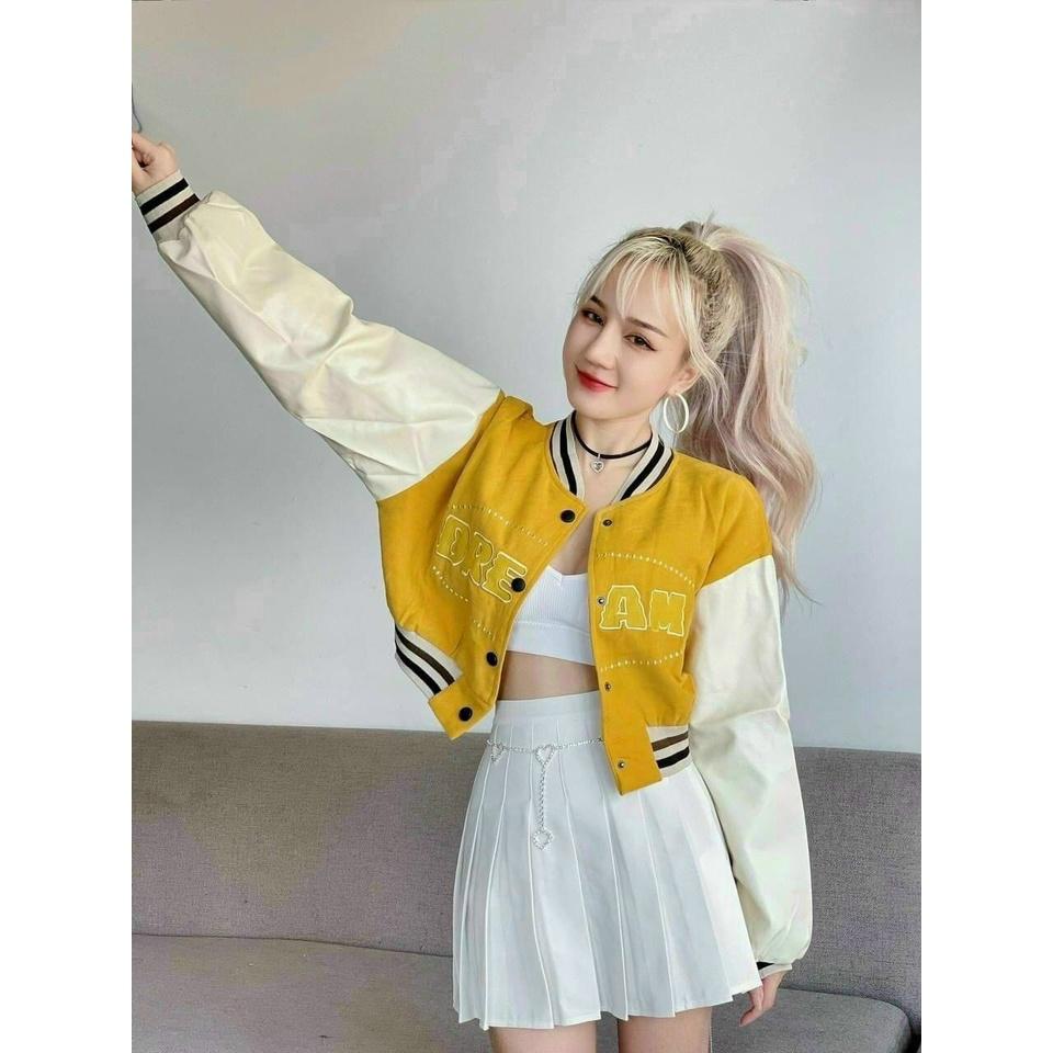 Hình ảnh Áo khoác nữ chất da lộn 2 lớp cao cấp kiểu dáng bomber croptop LOGO thêu chữ nổi DREAM