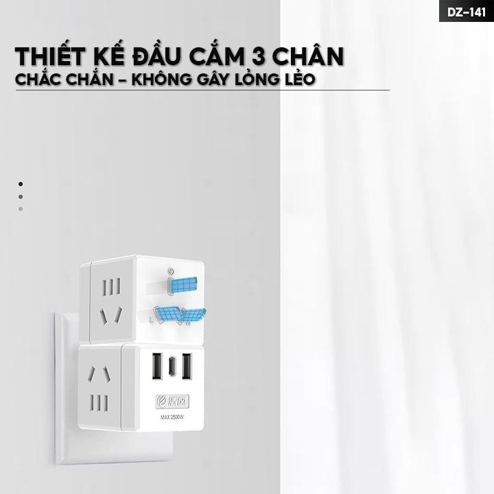Phích Cắm Vuông Siêu Chịu Tải 1 Chia 3 Công Suất 2500w Kèm Theo Cổng Đầu Ra Usb Tiện Lợi DZ-141