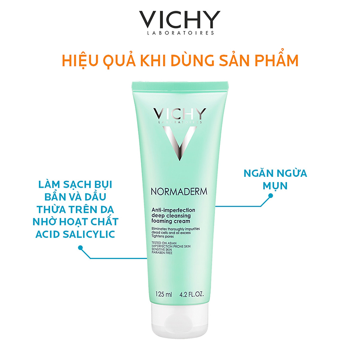 Sữa Rửa Mặt Tạo Bọt Ngăn Ngừa Mụn Và Se Khít Lỗ Chân Lông VICHY Normaderm Anti-perfection Deep Cleansing Foaming Cream (125ml) - TẶNG MÓC KHÓA