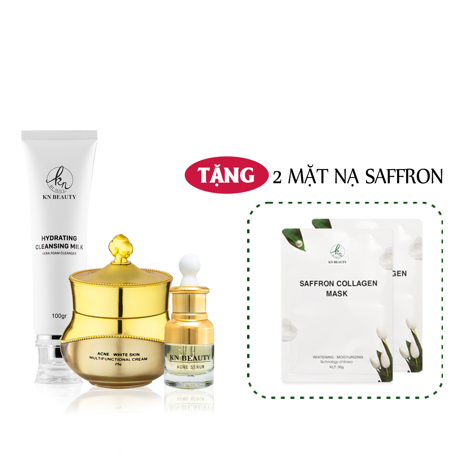 Bộ 3 sản phẩm Trắng Da Ngừa mụn KN Beauty chuyên sâu: Kem dưỡng 25g + Serum 30ml + Sữa rửa mặt 100gr  (Tặng 2 Mặt Nạ)