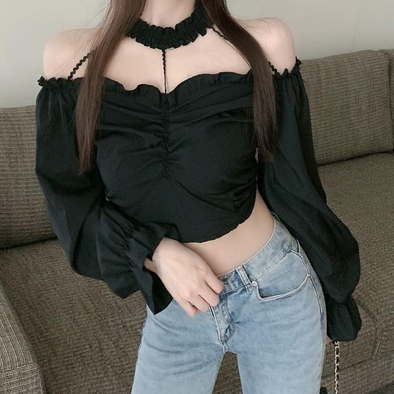 Áo sơmi croptop mix choker cá tính mẫu 2021