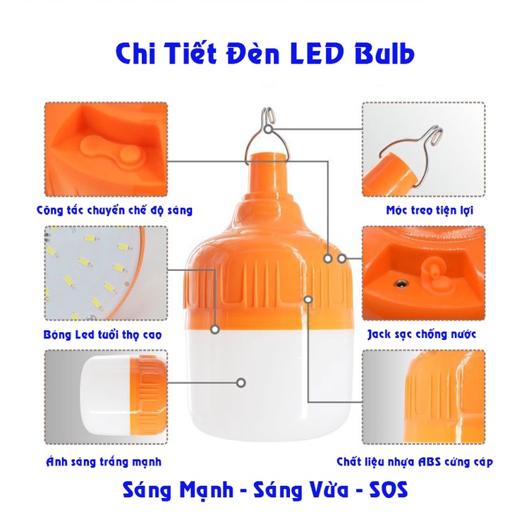 Bóng Đèn Sạc Tích Điện Đa Năng 100W, 150W Cổng sạc USB Có Móc Treo Không Cân Dây Điện