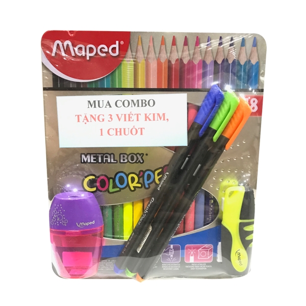 Combo Maped 13 - Chì 18 Màu + Bút Dạ Quang (Tặng Kèm 3 Viết Kim + 1 Chuốt )