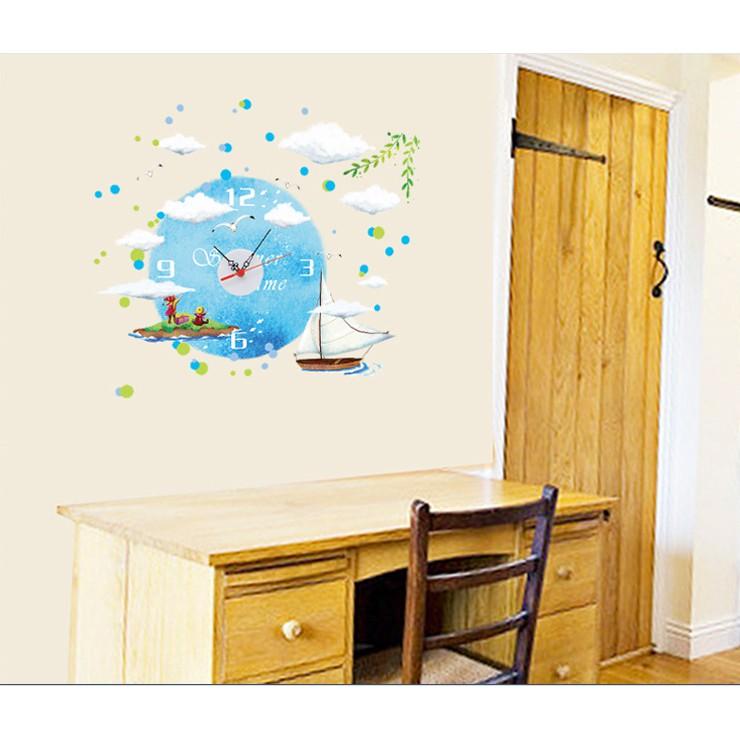 Decal trang trí tường kèm Đồng Hồ dán tường Thuyền và biển xanh