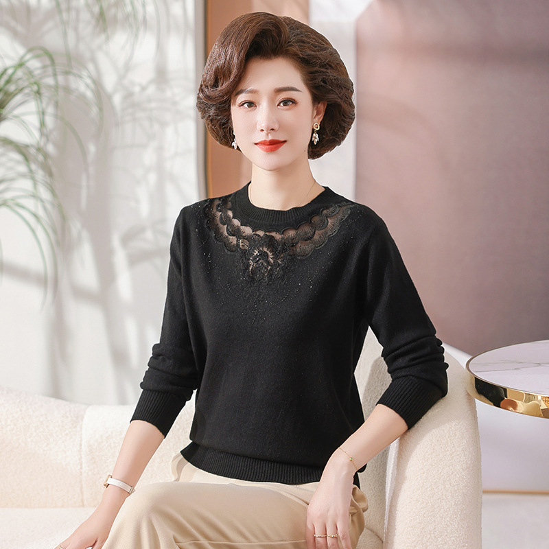 Áo Len Cổ Tròn Phối Ren Thời Trang Mùa Thu Của Mẹ AL85 - Hàng Quảng Châu Cao Cấp