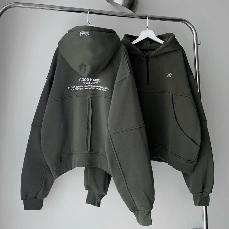 Hình ảnh (New) Áo hoodie zip dây kéo GOOD HABITS xám chì vải nỉ lót bông form rộng unisex nam nữ khoác ngoài chống nắng, áo khoác hoodie cặp đôi