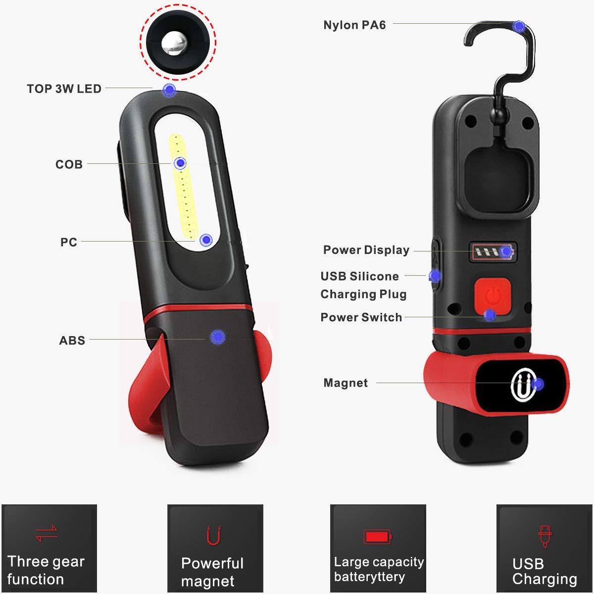 Đèn làm việc LED có thể sạc lại, 2 trong 1 Đèn kiểm tra với vòng quay 360 độ và đèn Torche LED Cob 5W với đế từ tính và móc cho hội thảo tại nhà DIY Ánh sáng