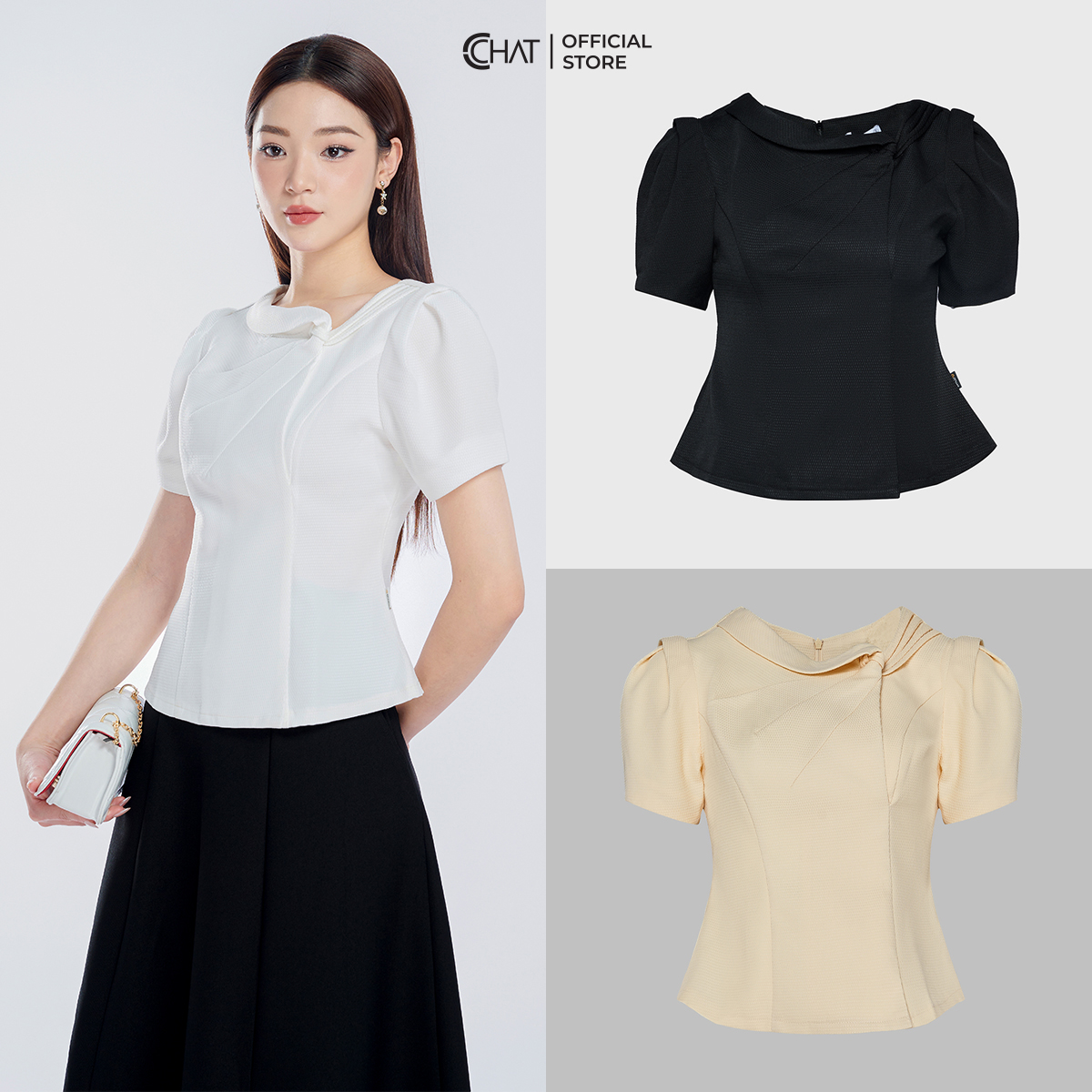 Áo Kiểu Nữ  Dáng Peplum Xếp Ngực Chất Tuytsi Cao Cấp Mềm Mịn 53ANS2005PT