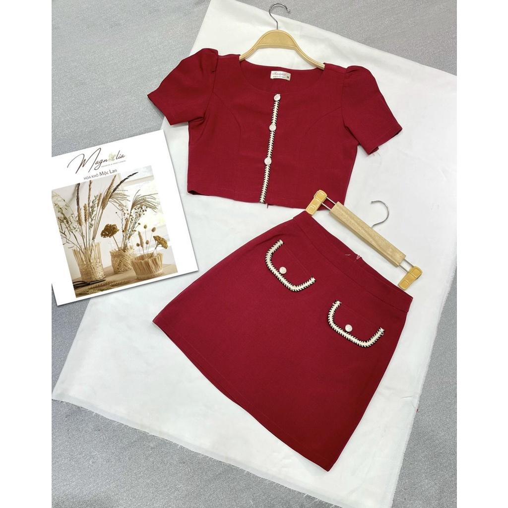 Bộ áo croptop kèm chân váy A kết hợp 2 túi trước dễ thương