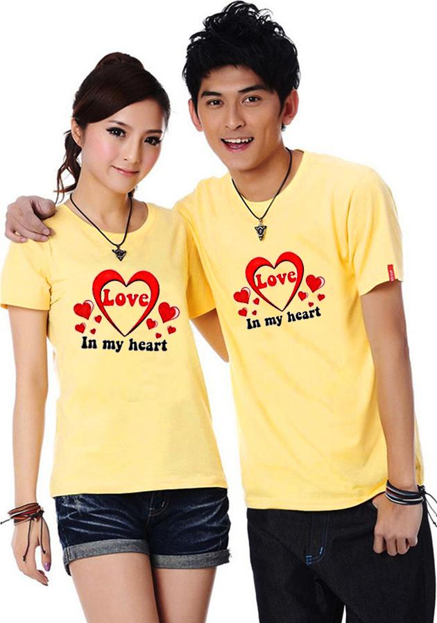 Bộ Áo Thun Đôi Nam Nữ Love In My Heart Màu Vàng