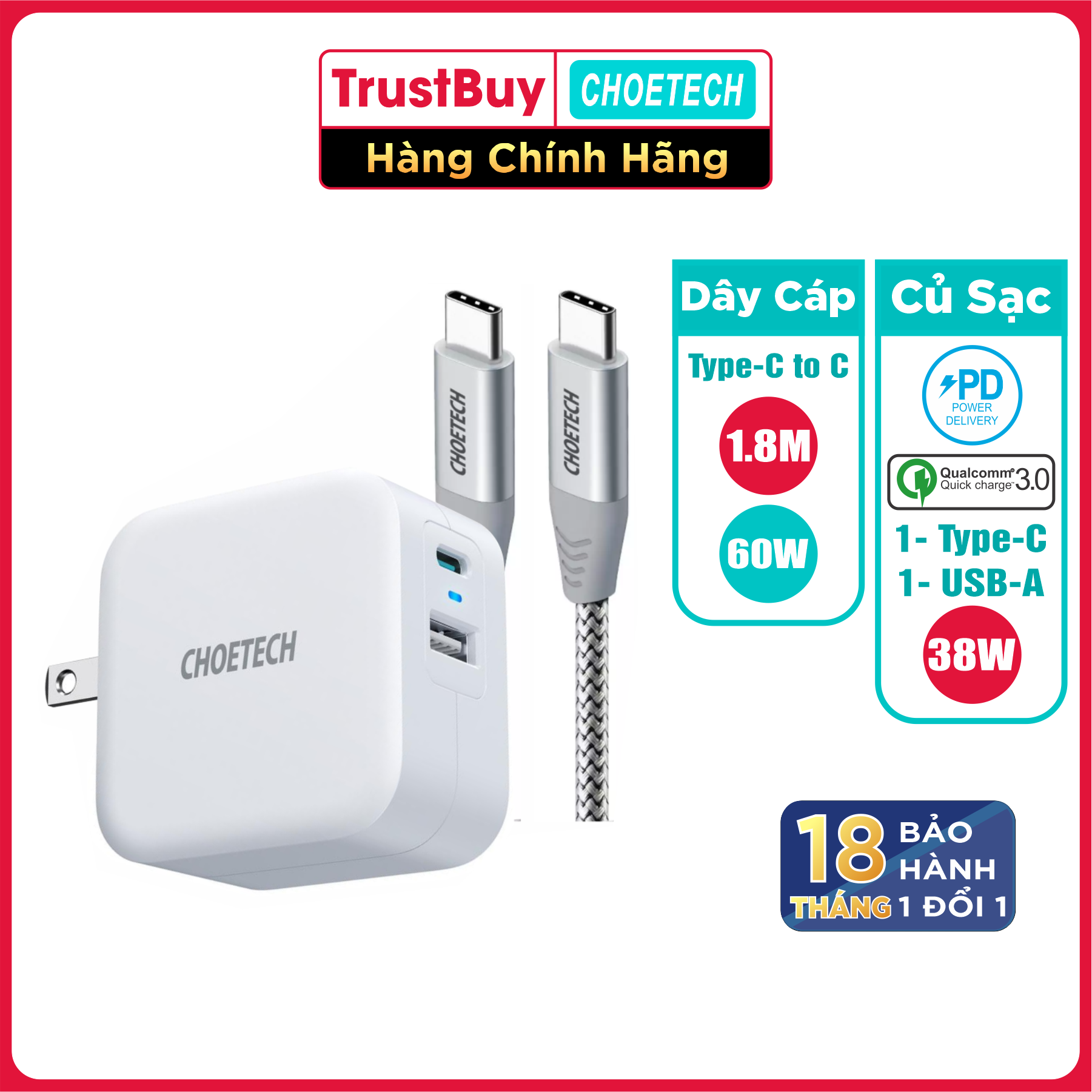 Bộ Củ Sạc Nhanh CHOETECH 38W PD5002 Và Cáp C to C 60W Dài 1.8M CC0005-SR Cho Điện Thoại Samsung, Oppo, Vivo, Xiaomi - Hàng Chính Hãng