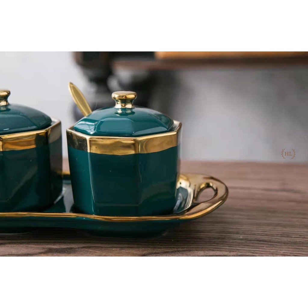 Set đựng gia vị hoàng gia chất liệu sứ tráng men viền vàng cao cấp