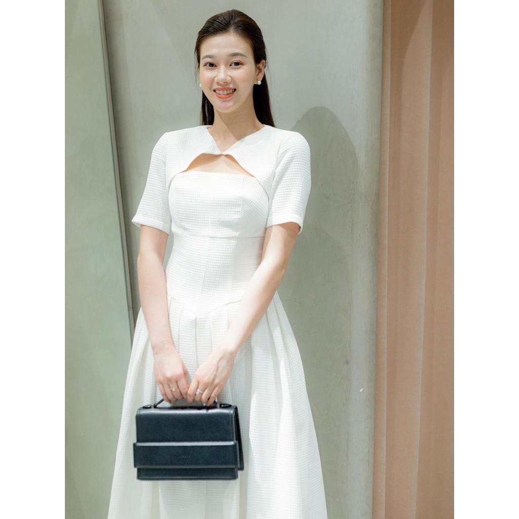 RECHIC Đầm dài Maline kiểu tay ngắn cổ cách điệu dáng váy xoè xếp ly sang trọng thanh lịch phù hợp đi tiệc dạo phố