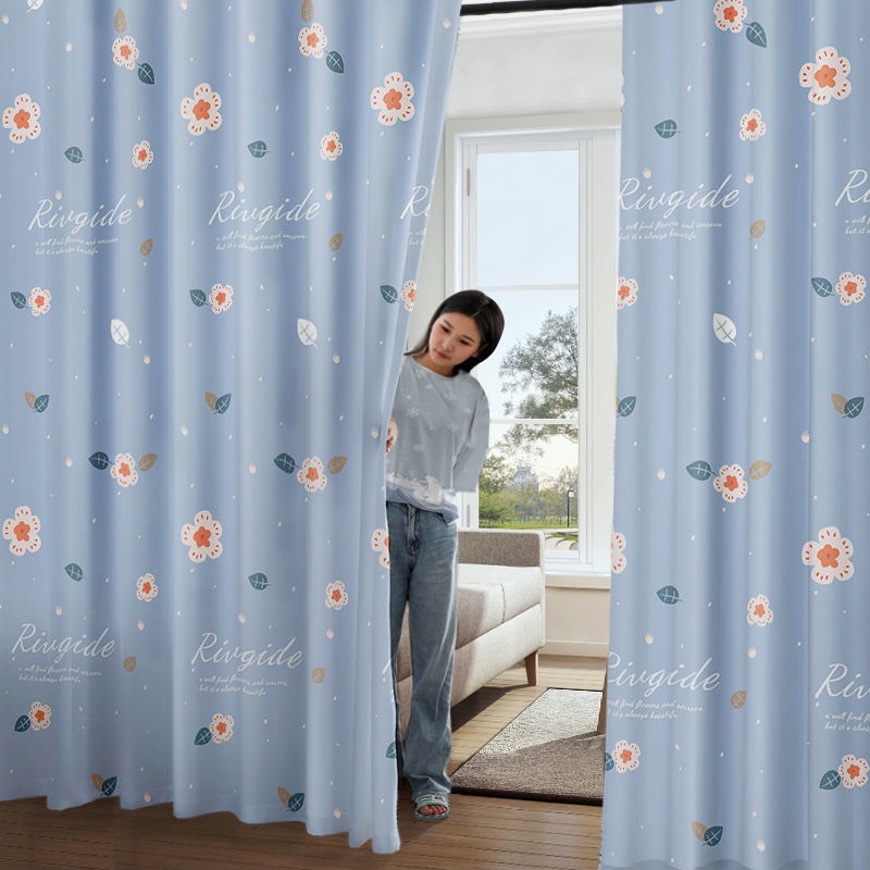 Rèm Vải Khoen Lỗ, Khoen Ri Đô, Rèm Dán HOA NỀN XANH Vải Dày Khả Năng Chống Nắng Cao