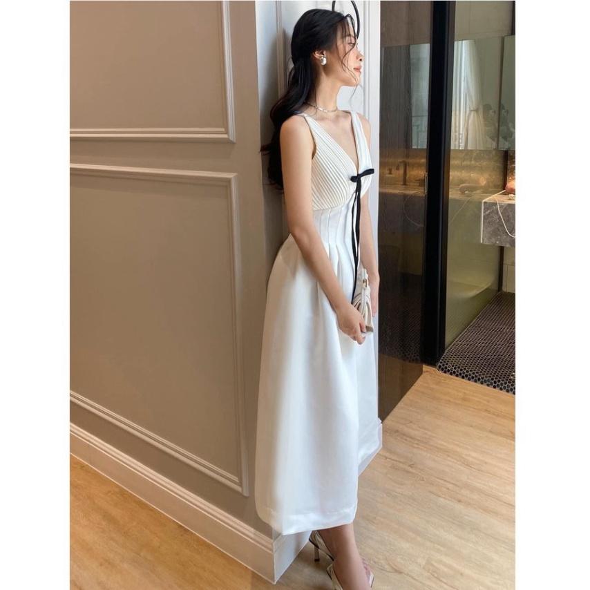 QUẢNG CHÂU Đầm maxi trắng đi tiệc thiết kế cổ V dập ly, đính nơ ngực, dáng xòe sang trọng CAO CẤP